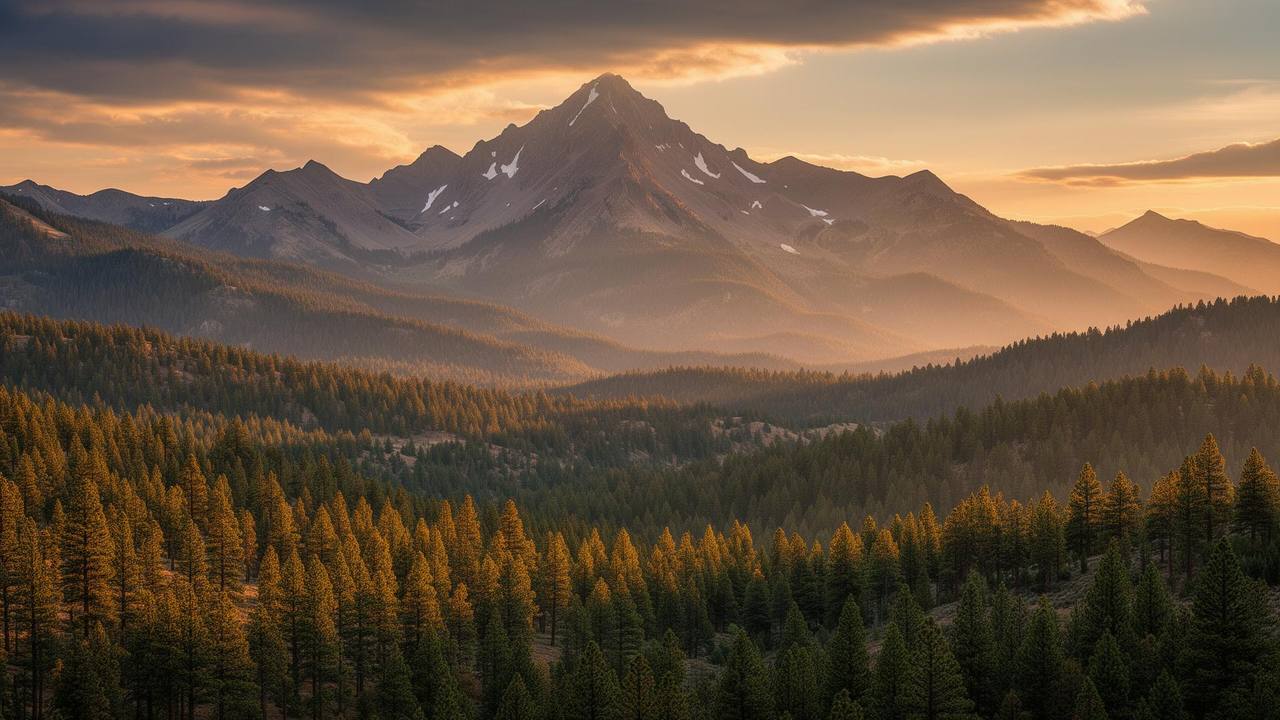 Pikes Peak rising above pine forest near Woodland Park